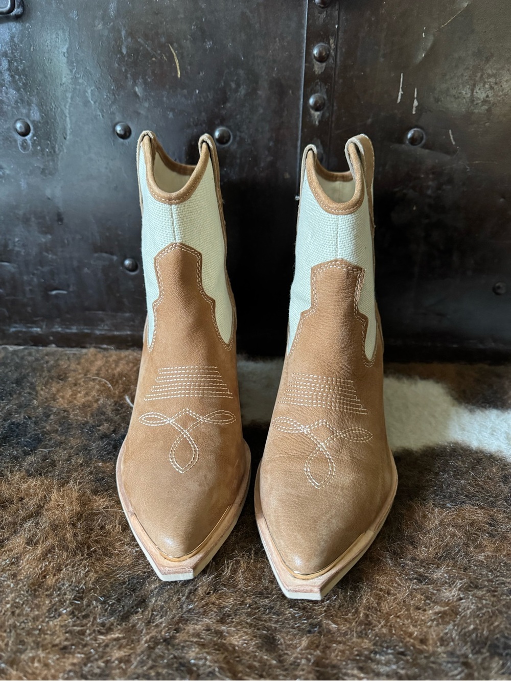 Dolce Vita Tan Suede Western Ankle Boots with Cream Panels